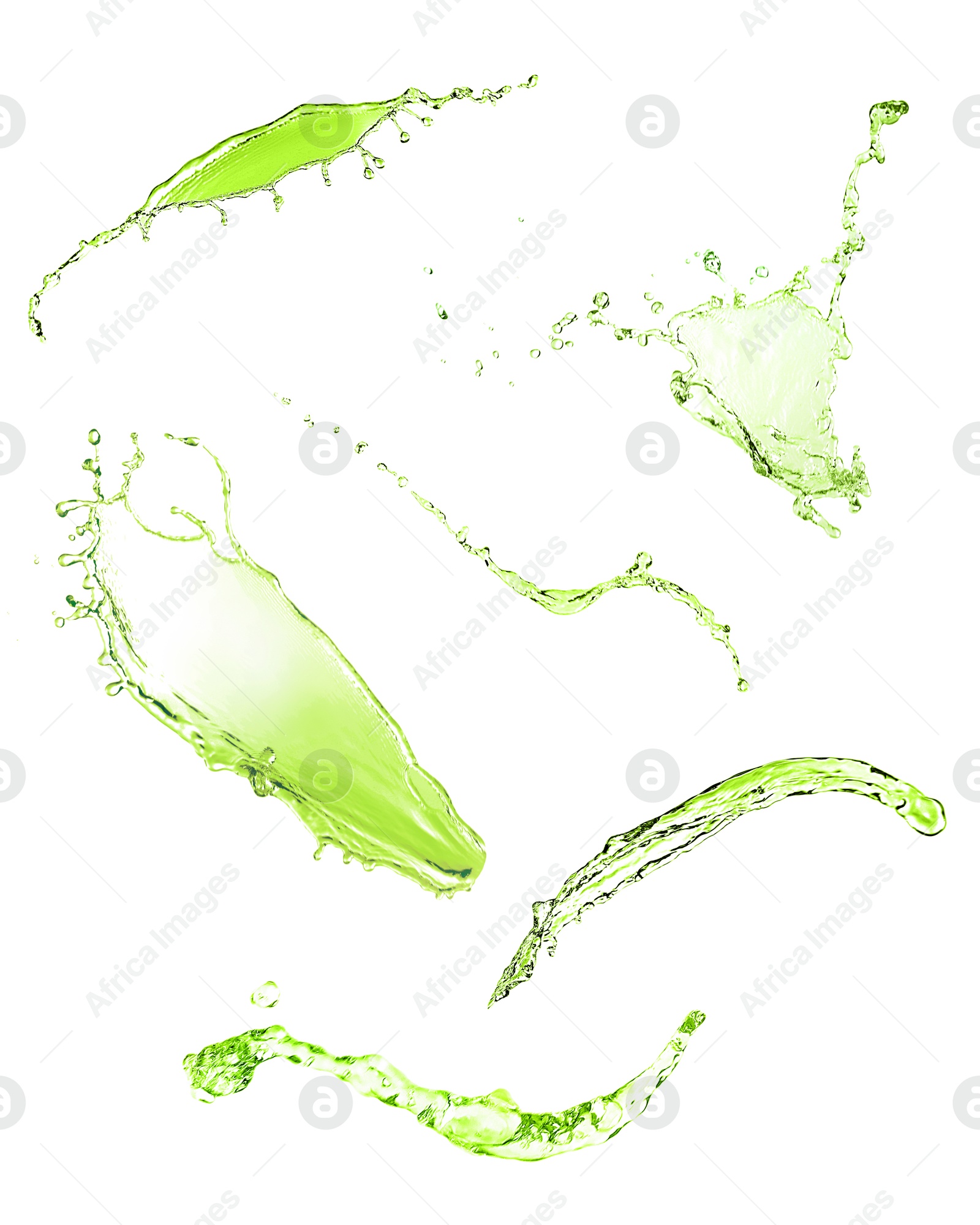 Splashes of green water in air on white background, collage Image of Splashes of green water in air on white background, collage