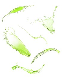 Image of Splashes of green water in air on white background, collage