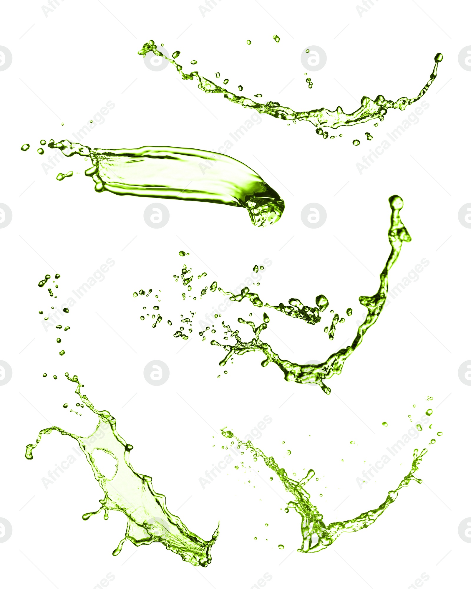 Splashes of green water in air on white background, collage Image of Splashes of green water in air on white background, collage