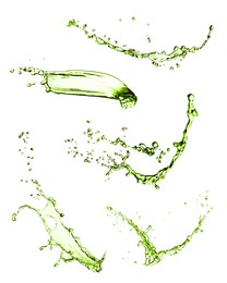 Image of Splashes of green water in air on white background, collage
