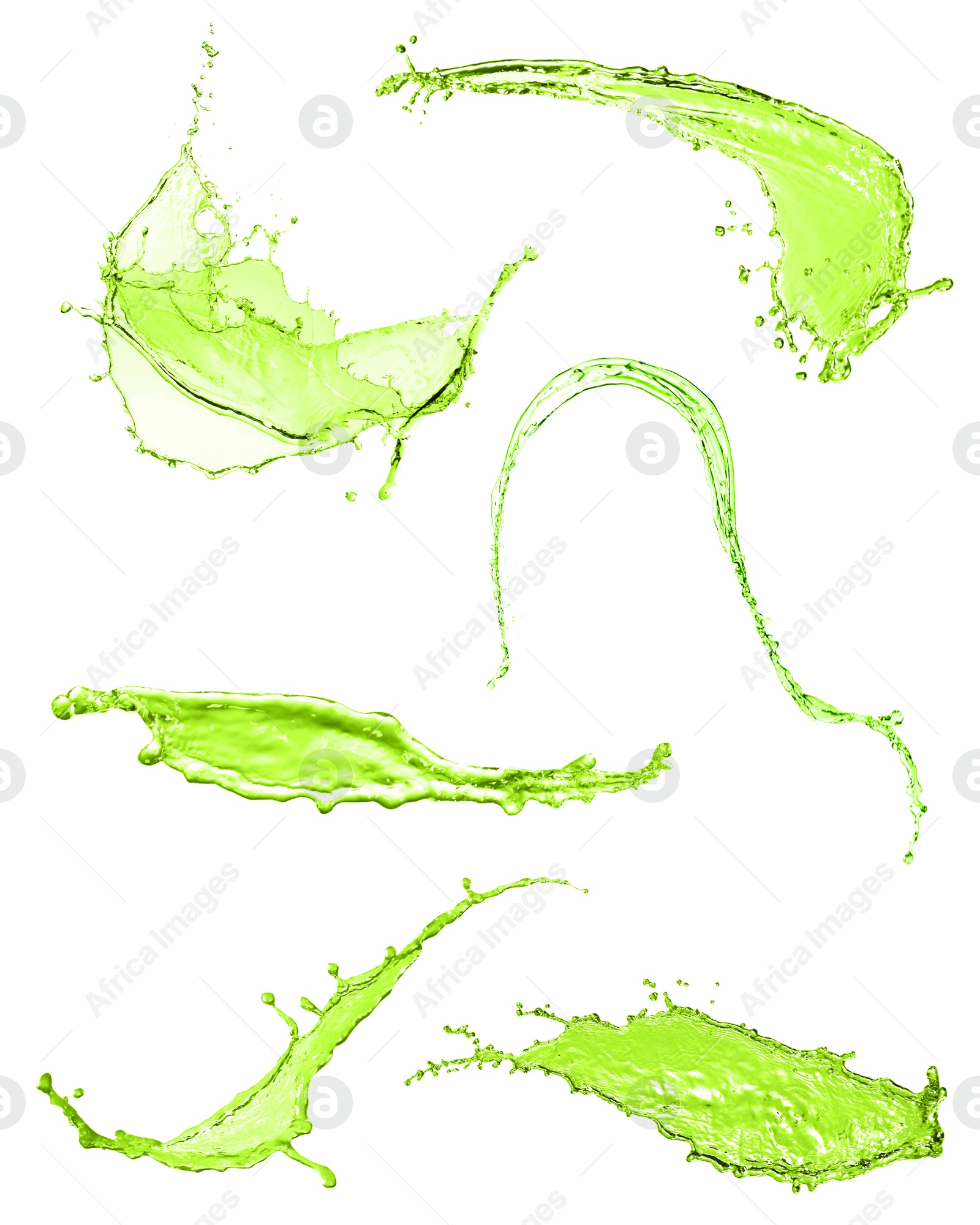 Splashes of green water in air on white background, collage Image of Splashes of green water in air on white background, collage