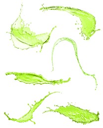 Image of Splashes of green water in air on white background, collage