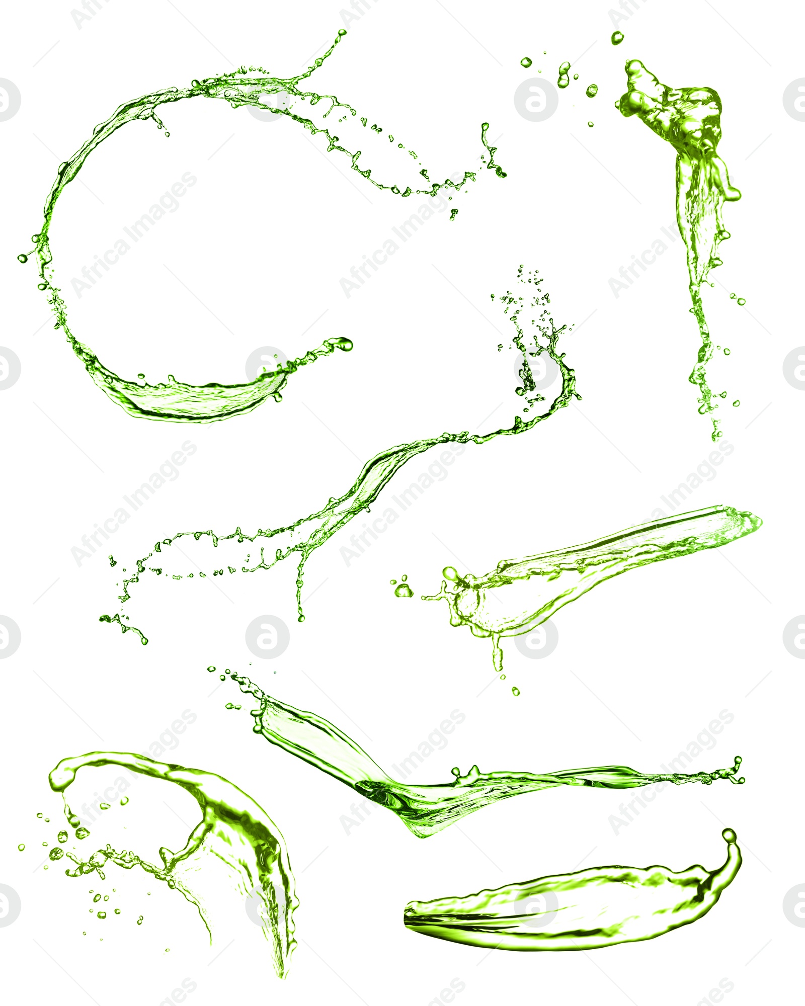 Splashes of green water in air on white background, collage Image of Splashes of green water in air on white background, collage