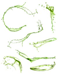 Image of Splashes of green water in air on white background, collage