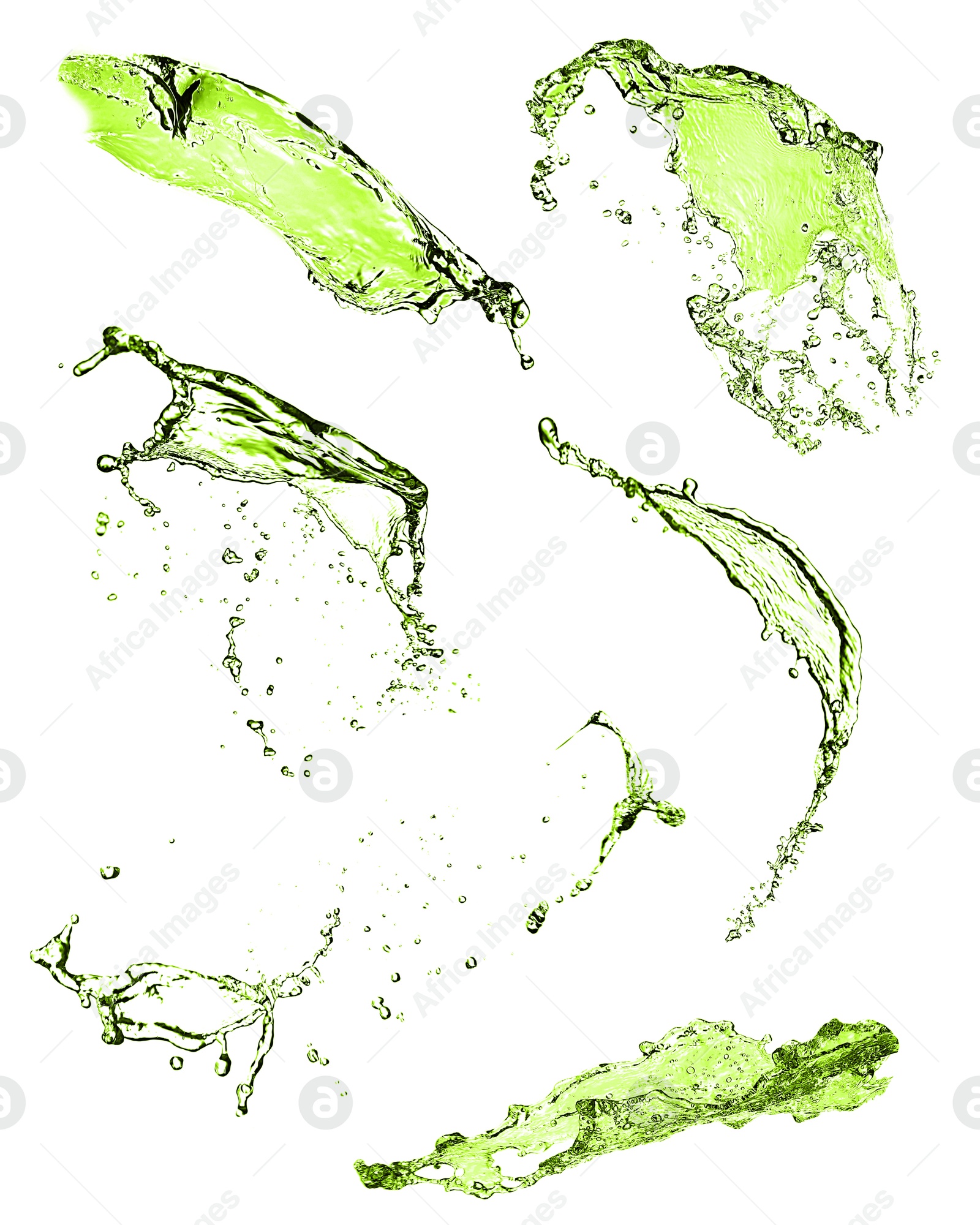 Splashes of green water in air on white background, collage Image of Splashes of green water in air on white background, collage