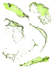 Image of Splashes of green water in air on white background, collage