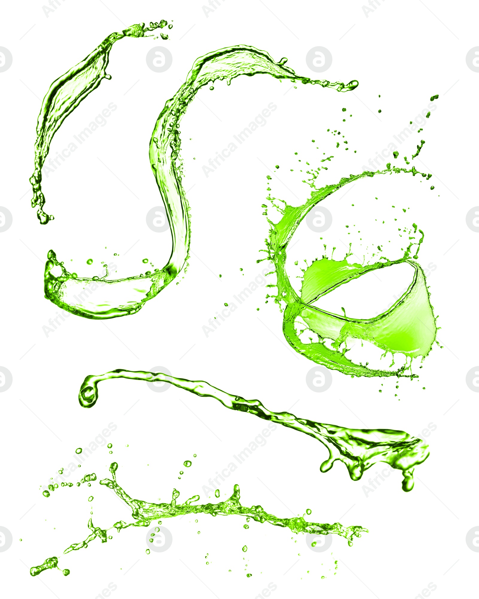 Splashes of green water in air on white background, collage Image of Splashes of green water in air on white background, collage