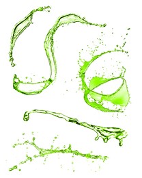 Image of Splashes of green water in air on white background, collage