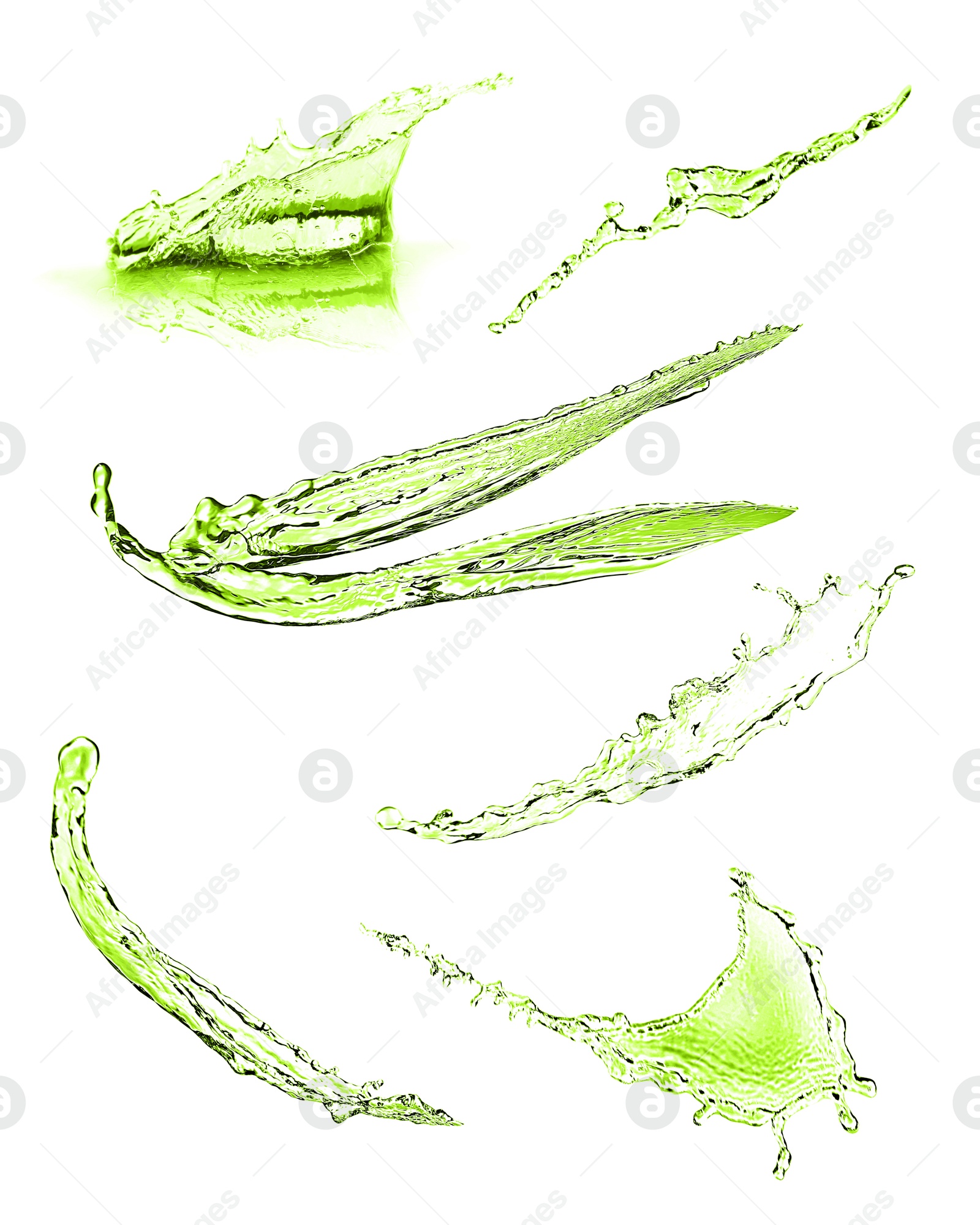 Splashes of green water in air on white background, collage Image of Splashes of green water in air on white background, collage