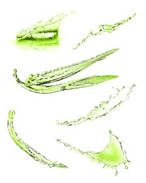 Image of Splashes of green water in air on white background, collage