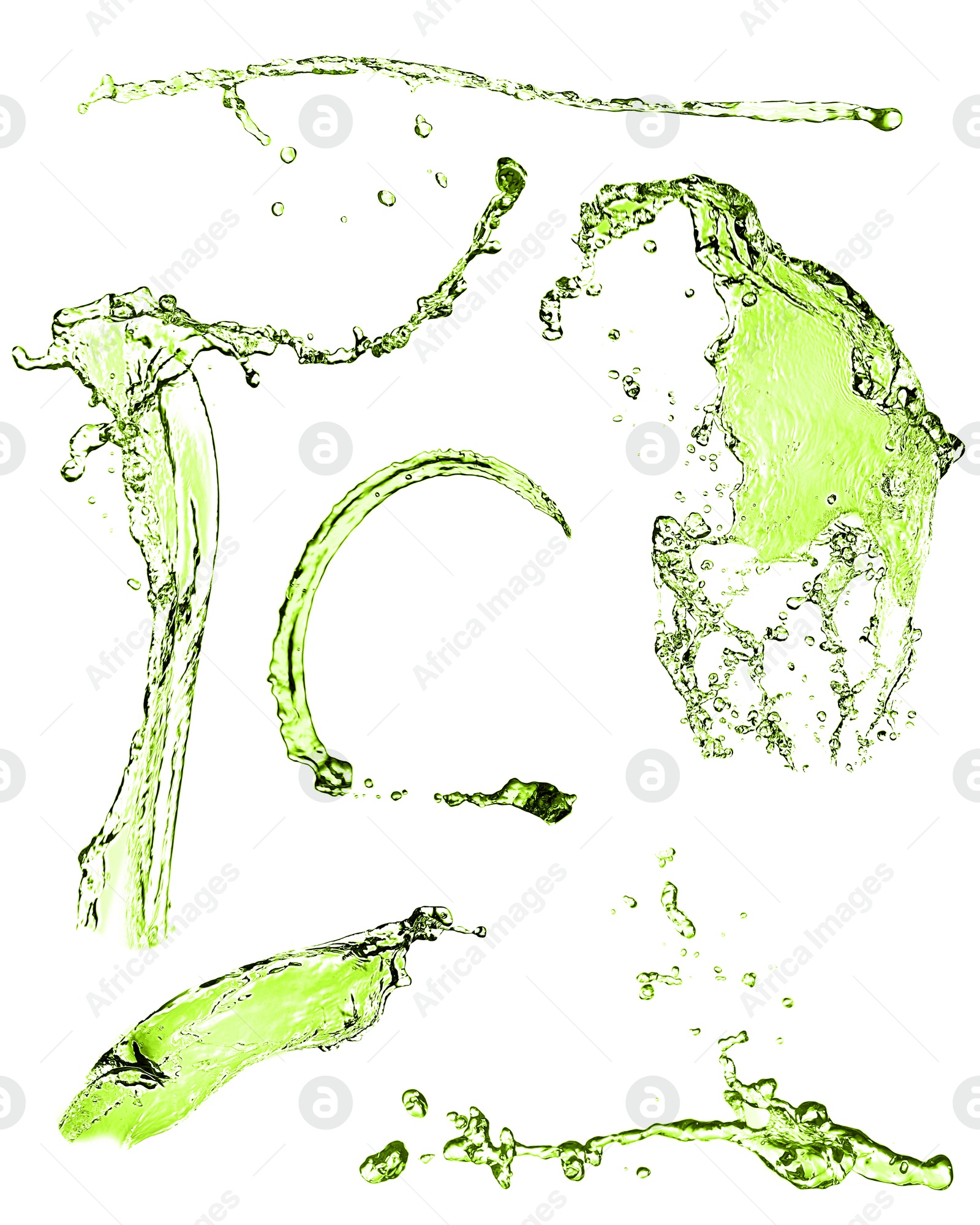 Splashes of green water in air on white background, collage Image of Splashes of green water in air on white background, collage