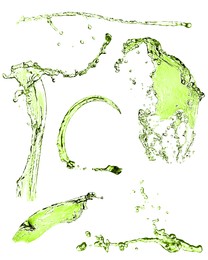 Image of Splashes of green water in air on white background, collage