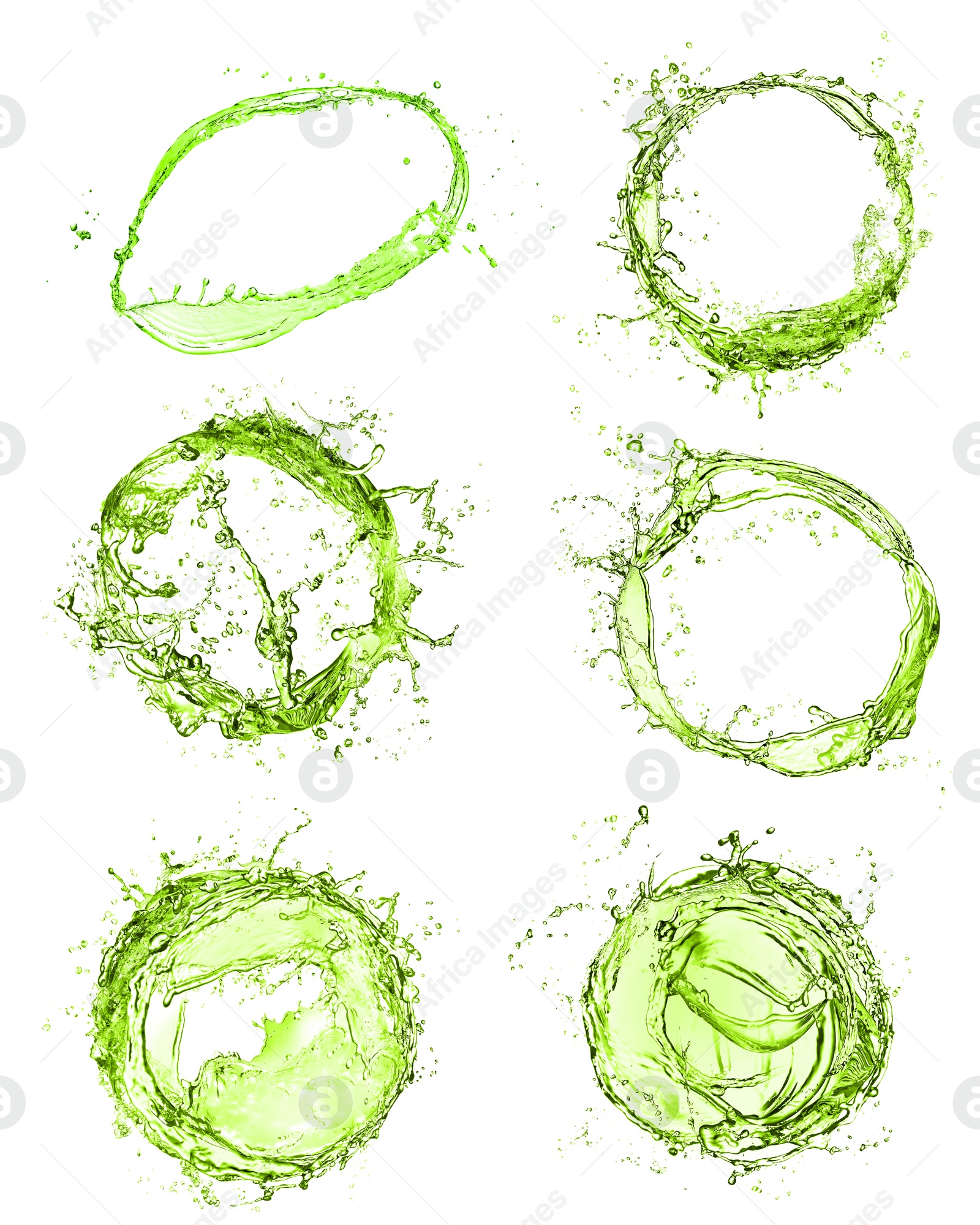 Splashes of green water in air on white background, collage Image of Splashes of green water in air on white background, collage