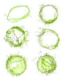 Image of Splashes of green water in air on white background, collage
