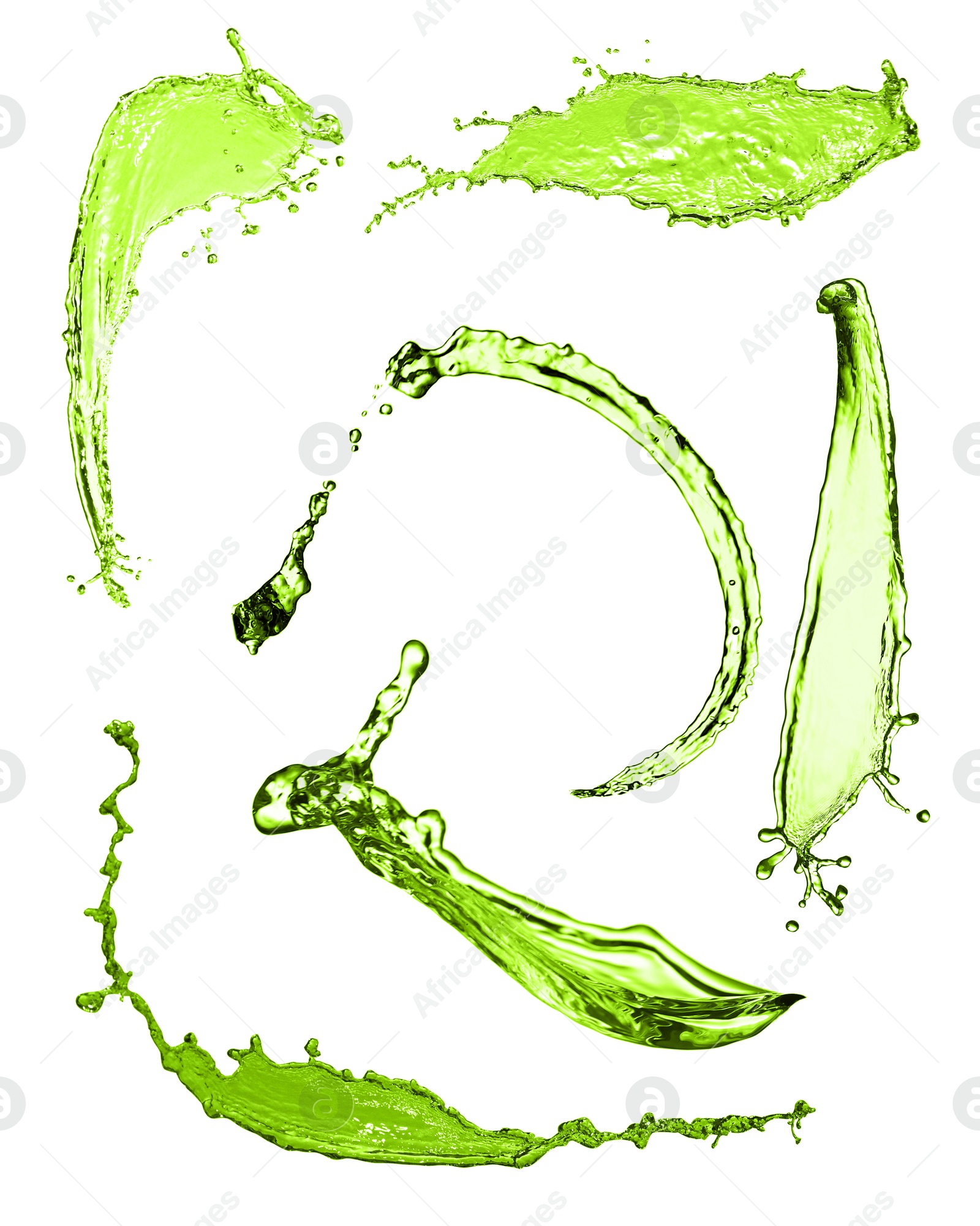 Splashes of green water in air on white background, collage Image of Splashes of green water in air on white background, collage