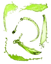 Image of Splashes of green water in air on white background, collage