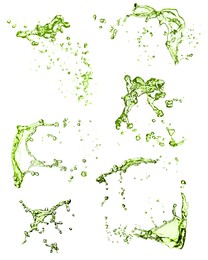 Image of Splashes of green water in air on white background, collage