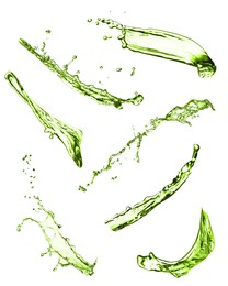 Image of Splashes of green water in air on white background, collage
