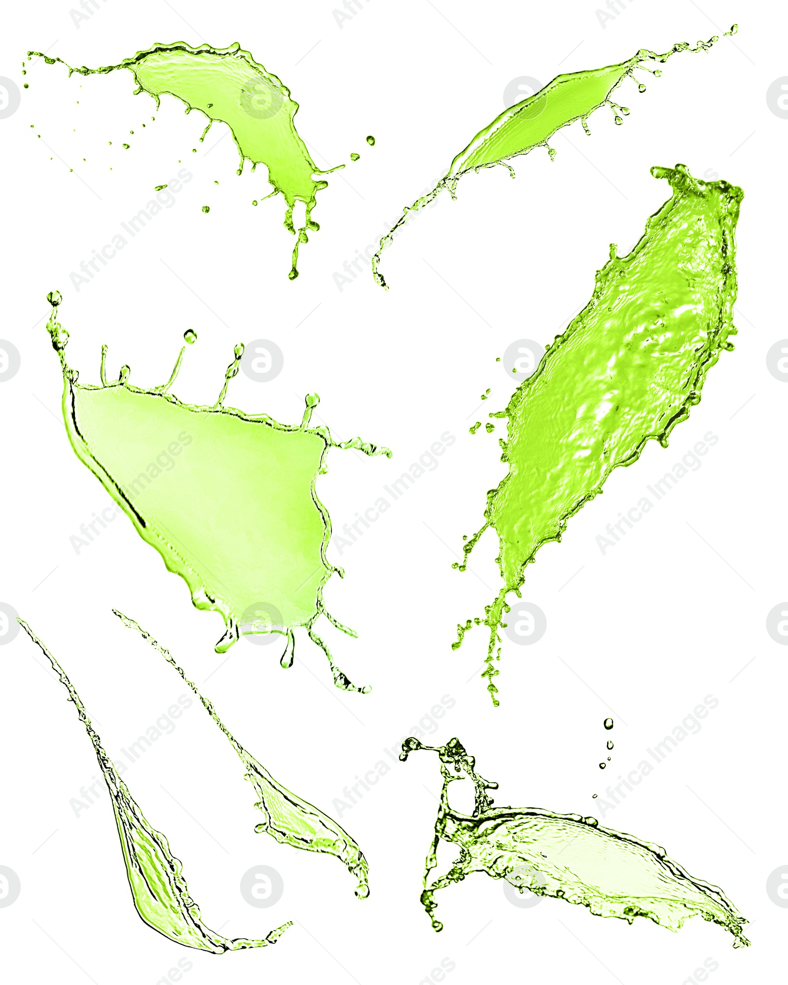 Splashes of green water in air on white background, collage Image of Splashes of green water in air on white background, collage