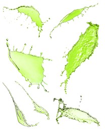 Image of Splashes of green water in air on white background, collage