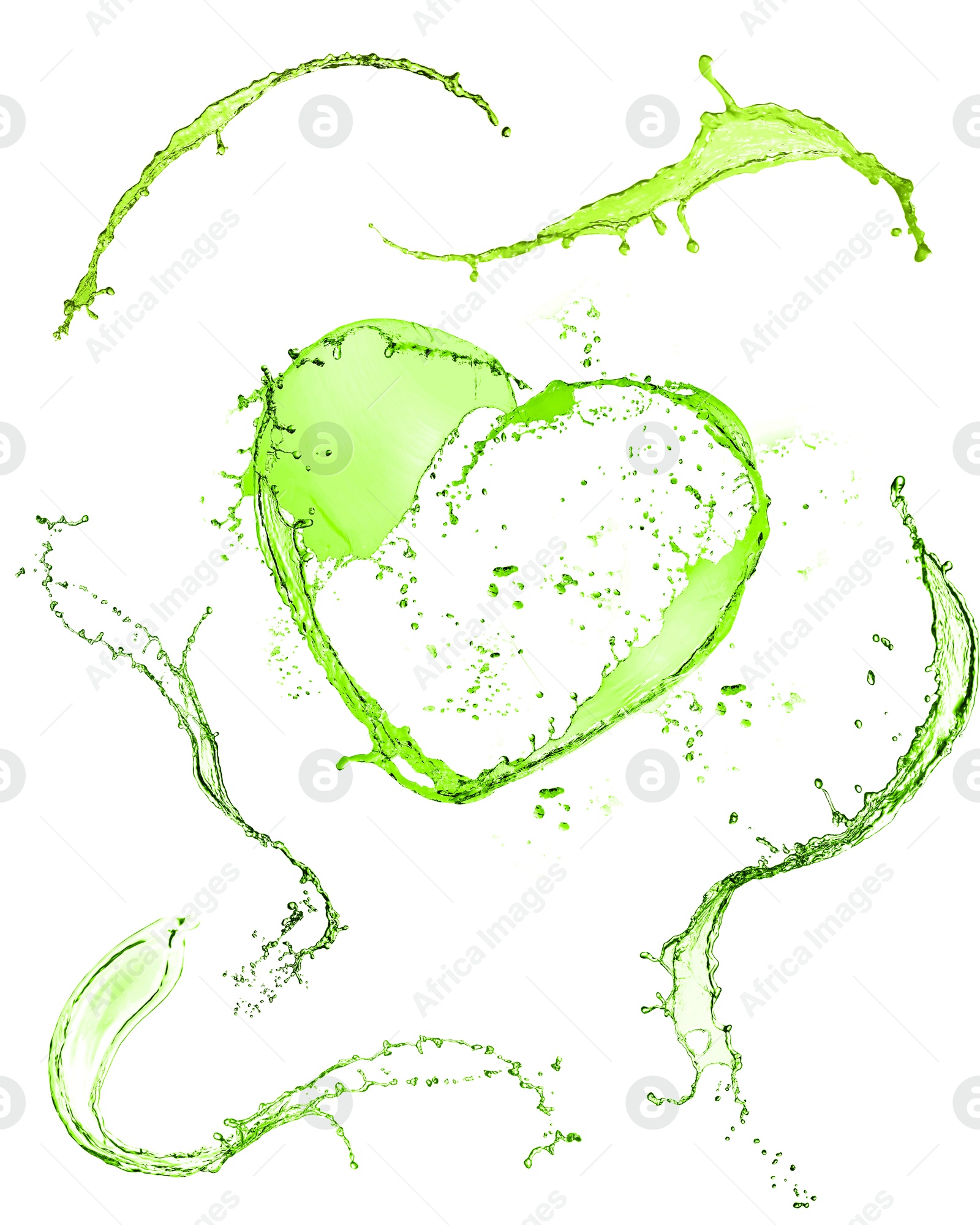 Splashes of green water in air on white background, collage Image of Splashes of green water in air on white background, collage