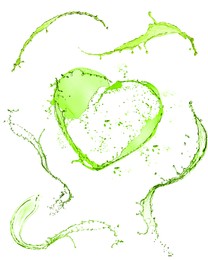 Image of Splashes of green water in air on white background, collage