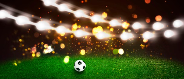 Image of Soccer ball on green grass at football stadium, space for text. Banner
