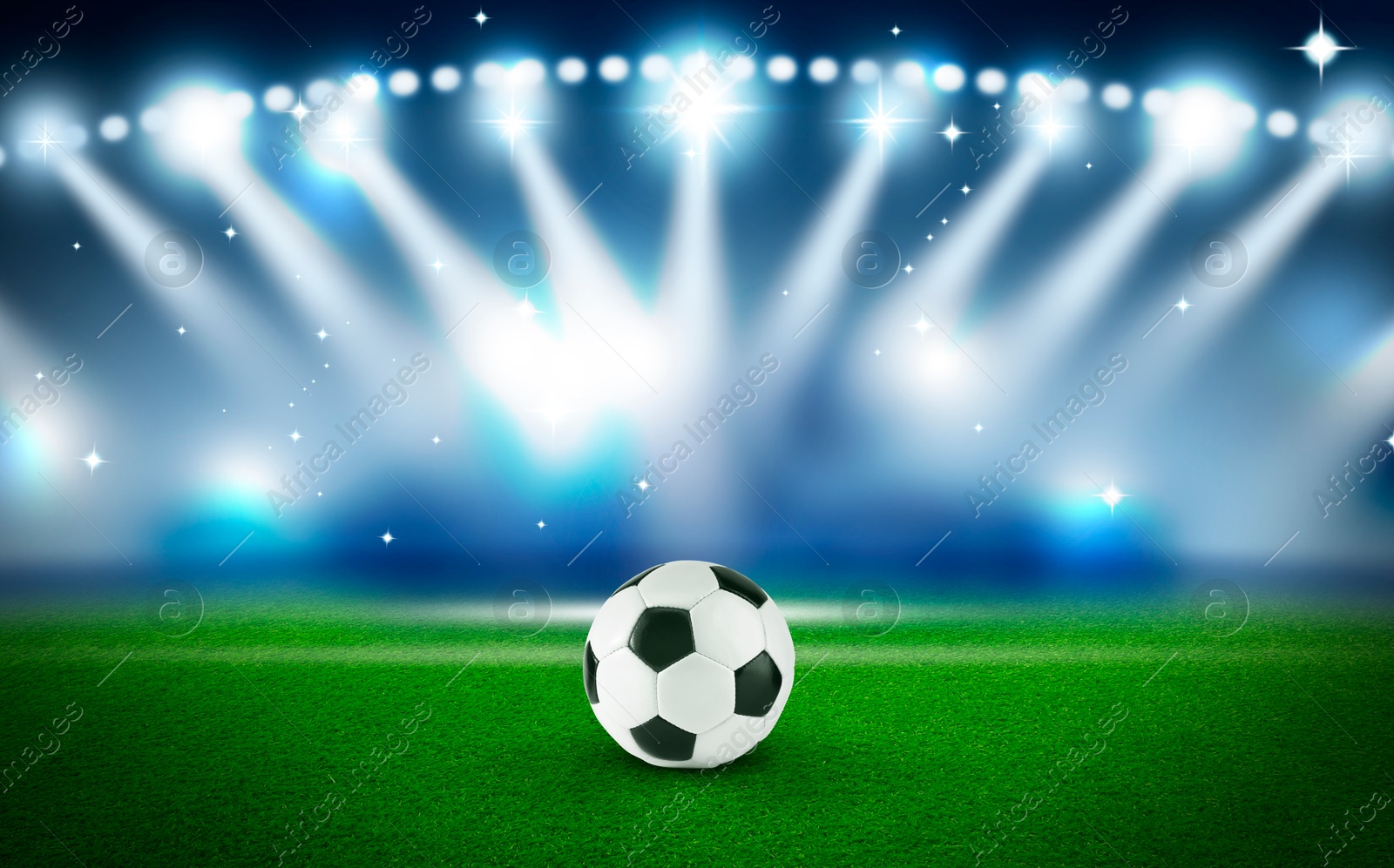Soccer ball on green grass at stadium. Football game Image of Soccer ball on green grass at stadium. Football game