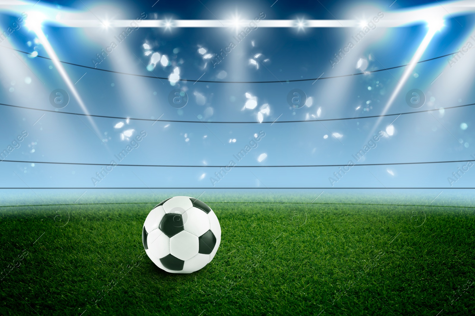 Soccer ball on green grass at football stadium, space for text Image of Soccer ball on green grass at football stadium, space for text