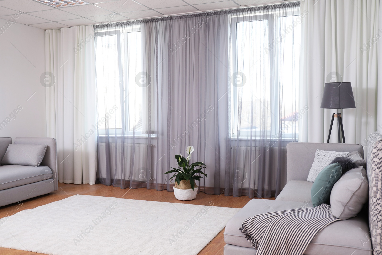 Windows with stylish curtains in living room interior Photo of Windows with stylish curtains in living room interior