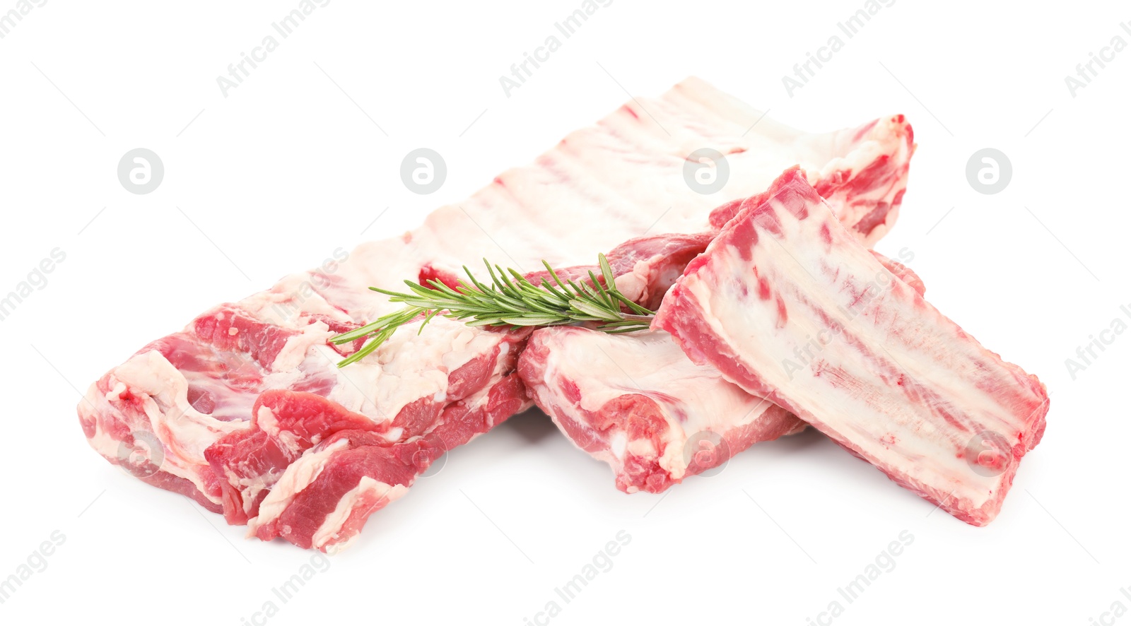 Fresh raw pork ribs and rosemary isolated on white Photo of Fresh raw pork ribs and rosemary isolated on white