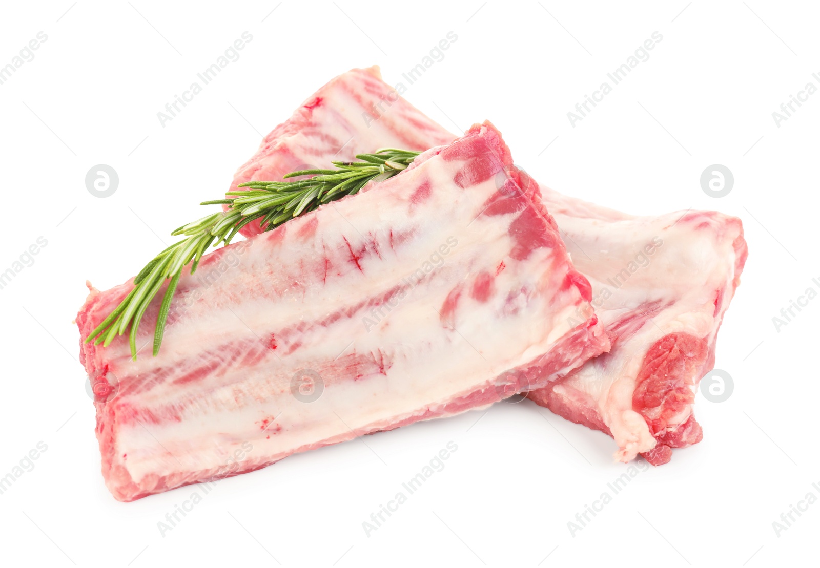 Fresh raw pork ribs and rosemary isolated on white Photo of Fresh raw pork ribs and rosemary isolated on white