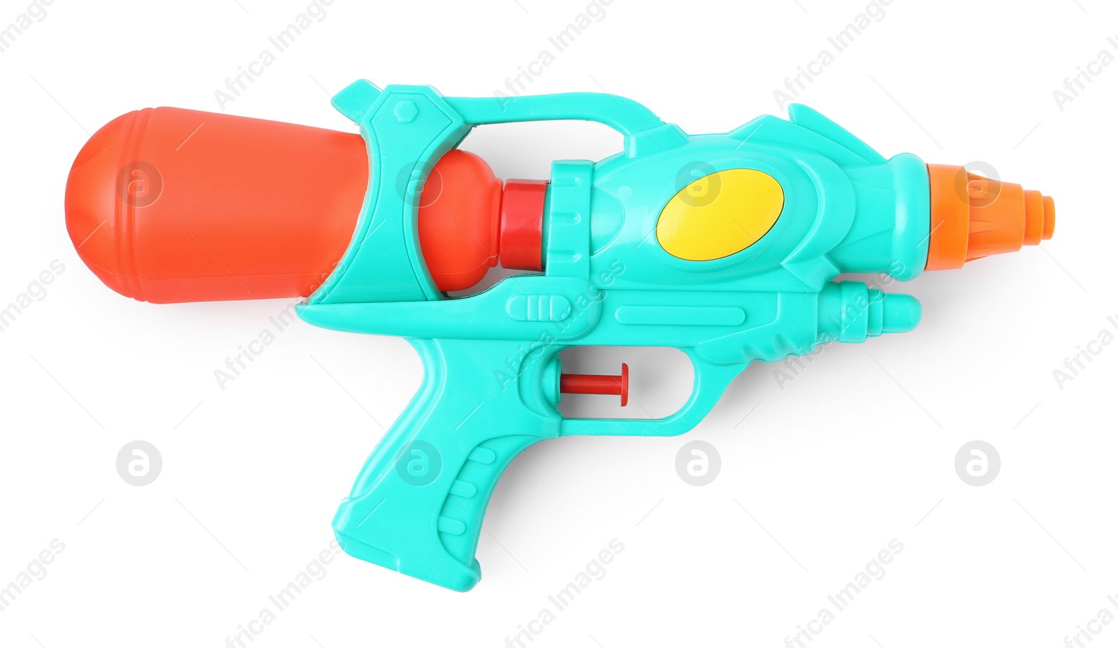 Bright plastic water gun isolated on white, top view Photo of Bright plastic water gun isolated on white, top view