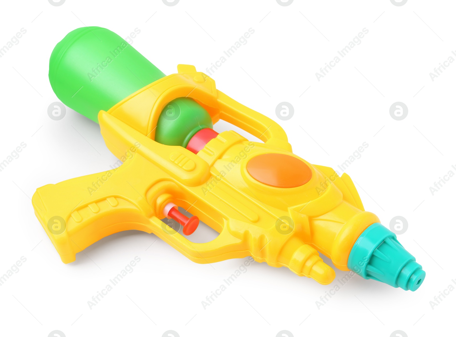 Bright plastic water gun isolated on white Photo of Bright plastic water gun isolated on white