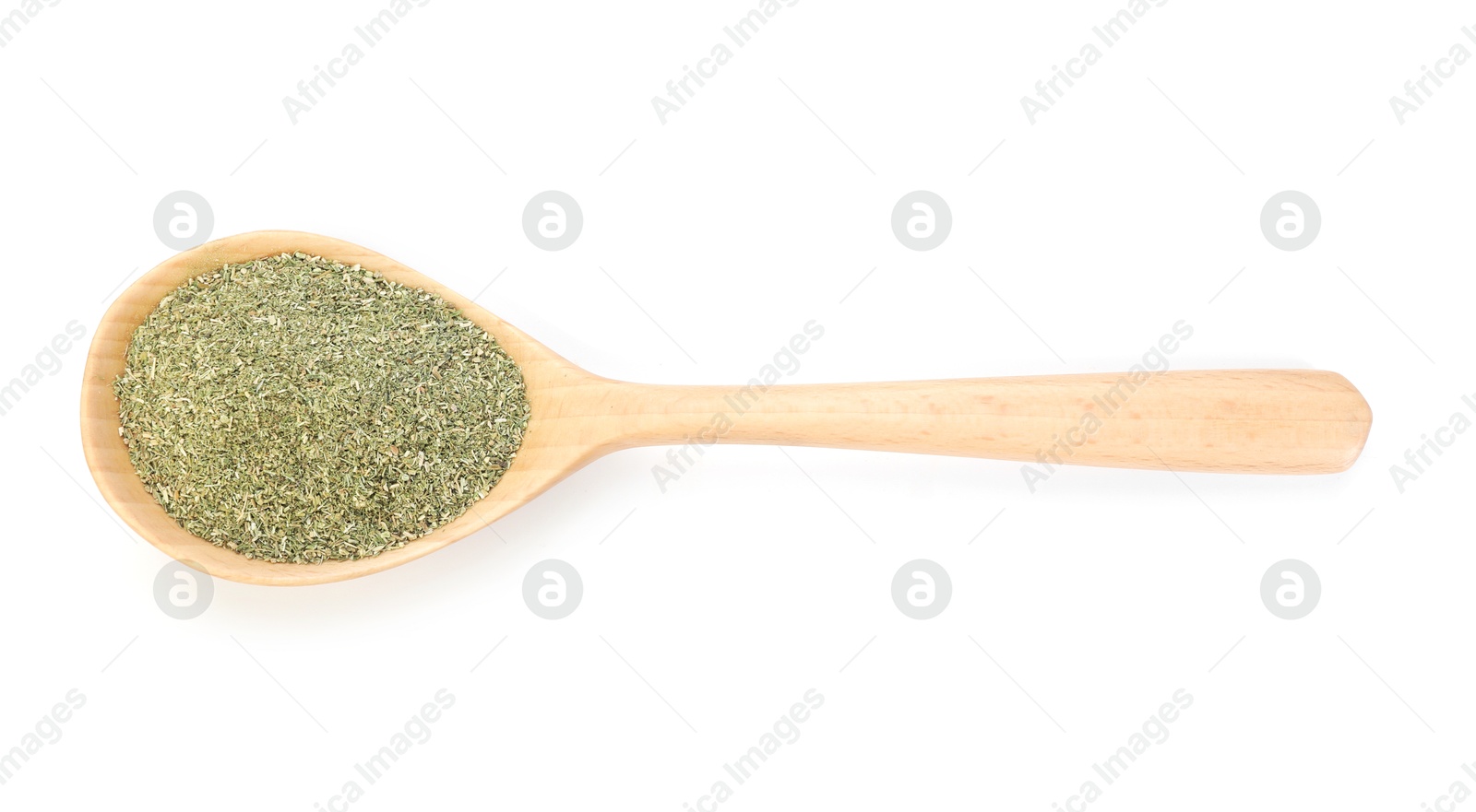 Dried basil in wooden spoon isolated on white, top view Photo of Dried basil in wooden spoon isolated on white, top view