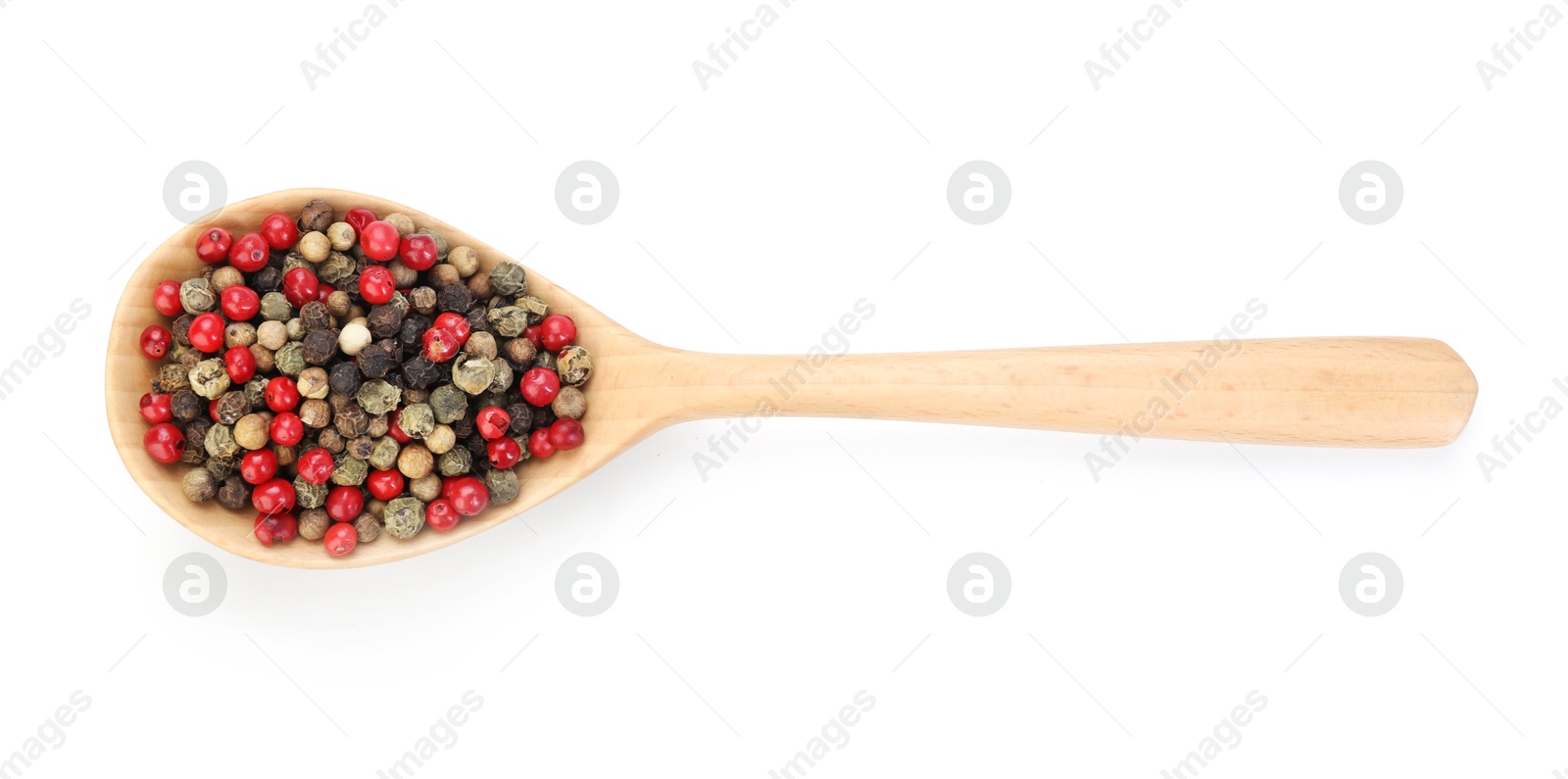 Aromatic peppercorns in wooden spoon isolated on white, top view Photo of Aromatic peppercorns in wooden spoon isolated on white, top view