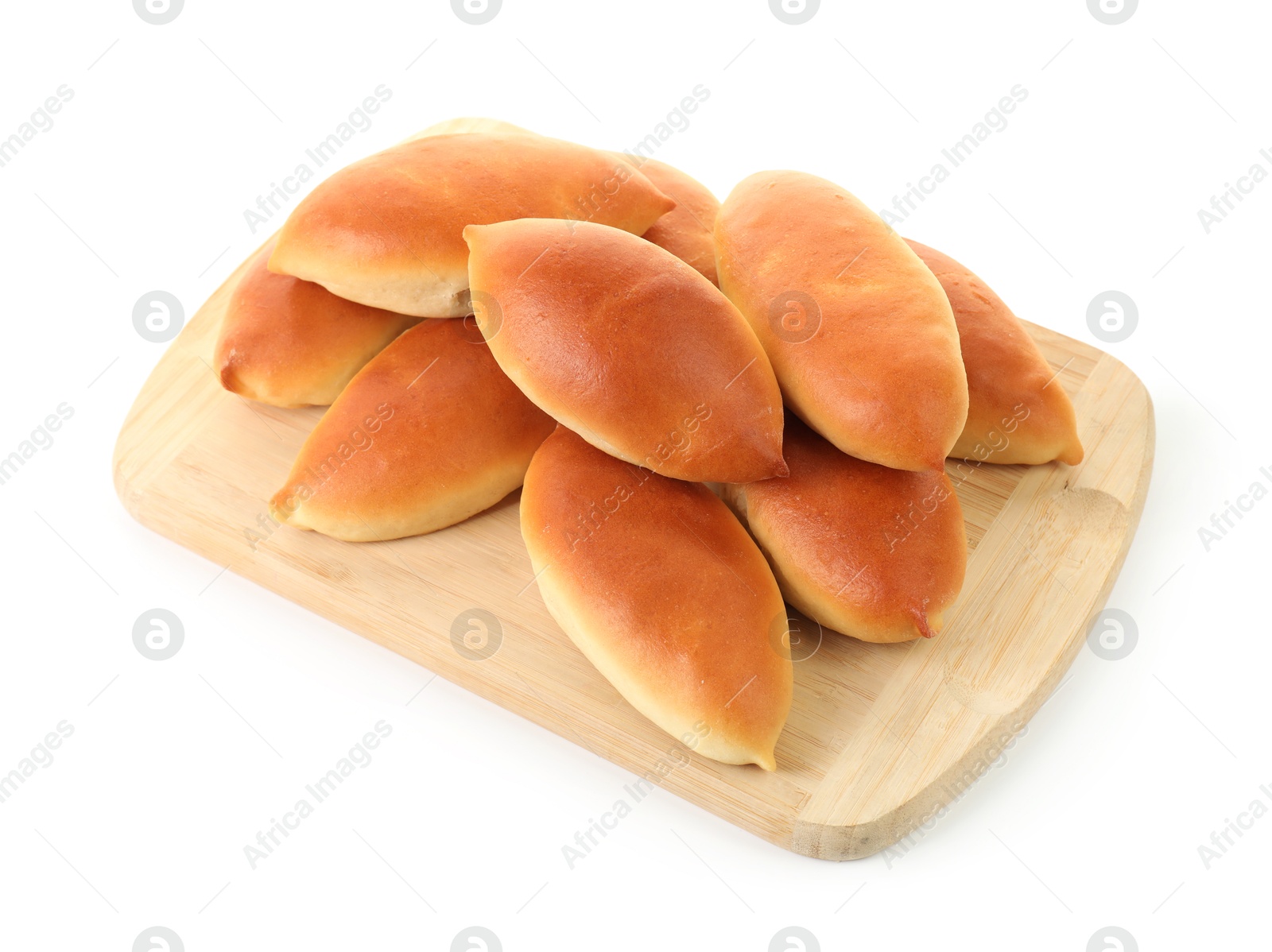 Many tasty baked patties isolated on white Photo of Many tasty baked patties isolated on white