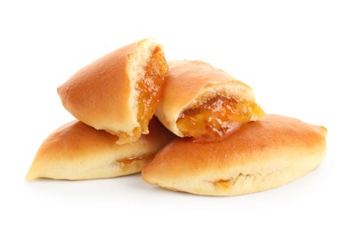 Photo of Tasty baked patties with orange jam isolated on white