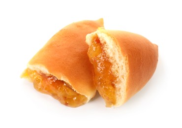 Photo of Tasty baked patty with orange jam isolated on white