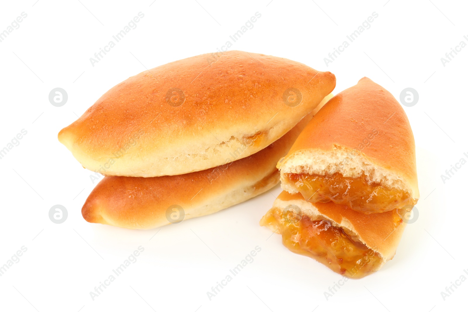 Tasty baked patties with orange jam isolated on white Photo of Tasty baked patties with orange jam isolated on white