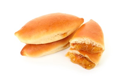 Photo of Tasty baked patties with orange jam isolated on white