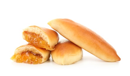 Photo of Tasty baked patties with orange jam isolated on white