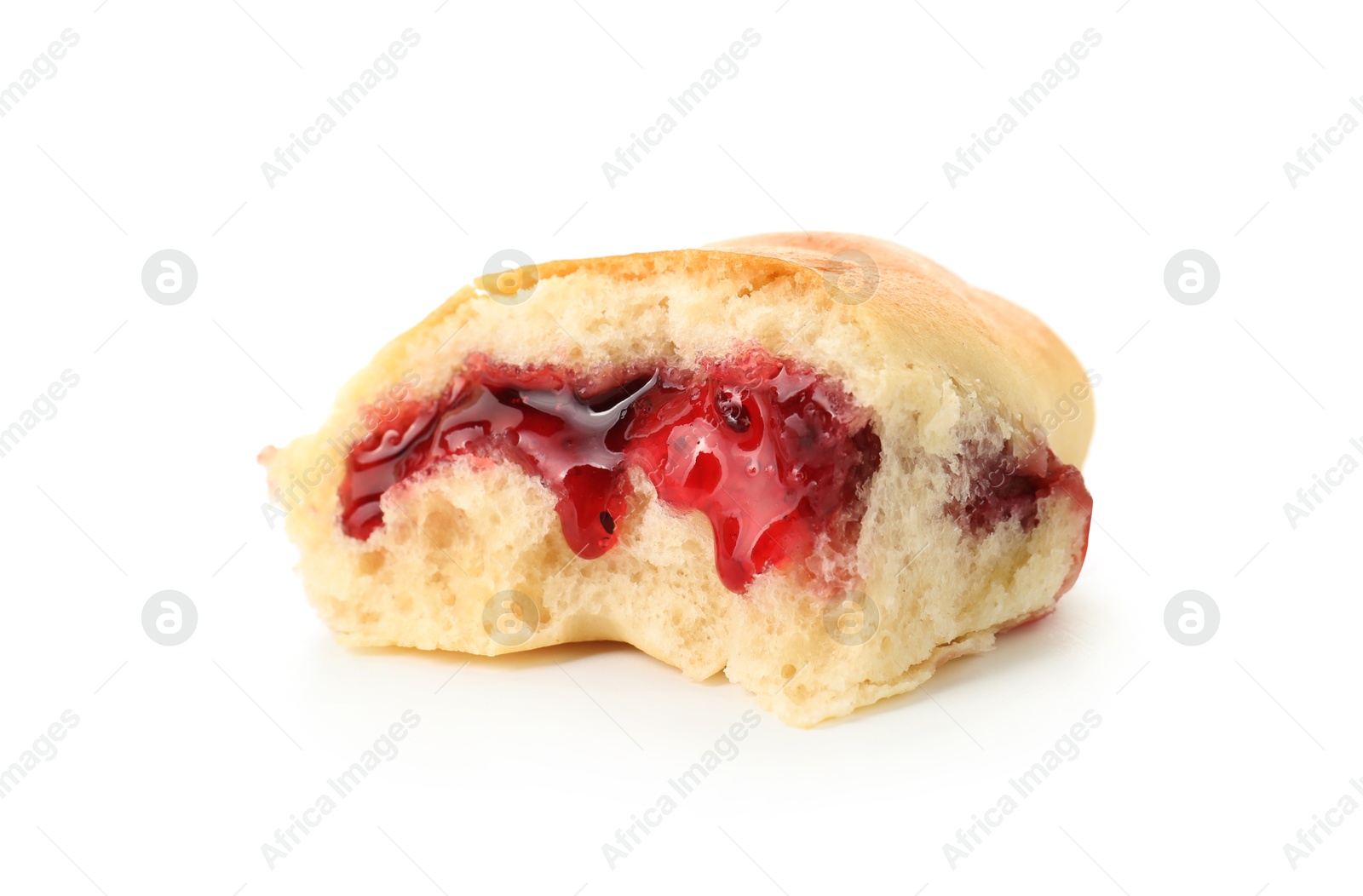 Tasty baked patty with strawberry filling isolated on white Photo of Tasty baked patty with strawberry filling isolated on white