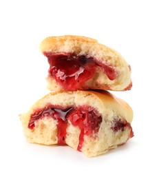 Photo of Tasty baked patty with strawberry filling isolated on white