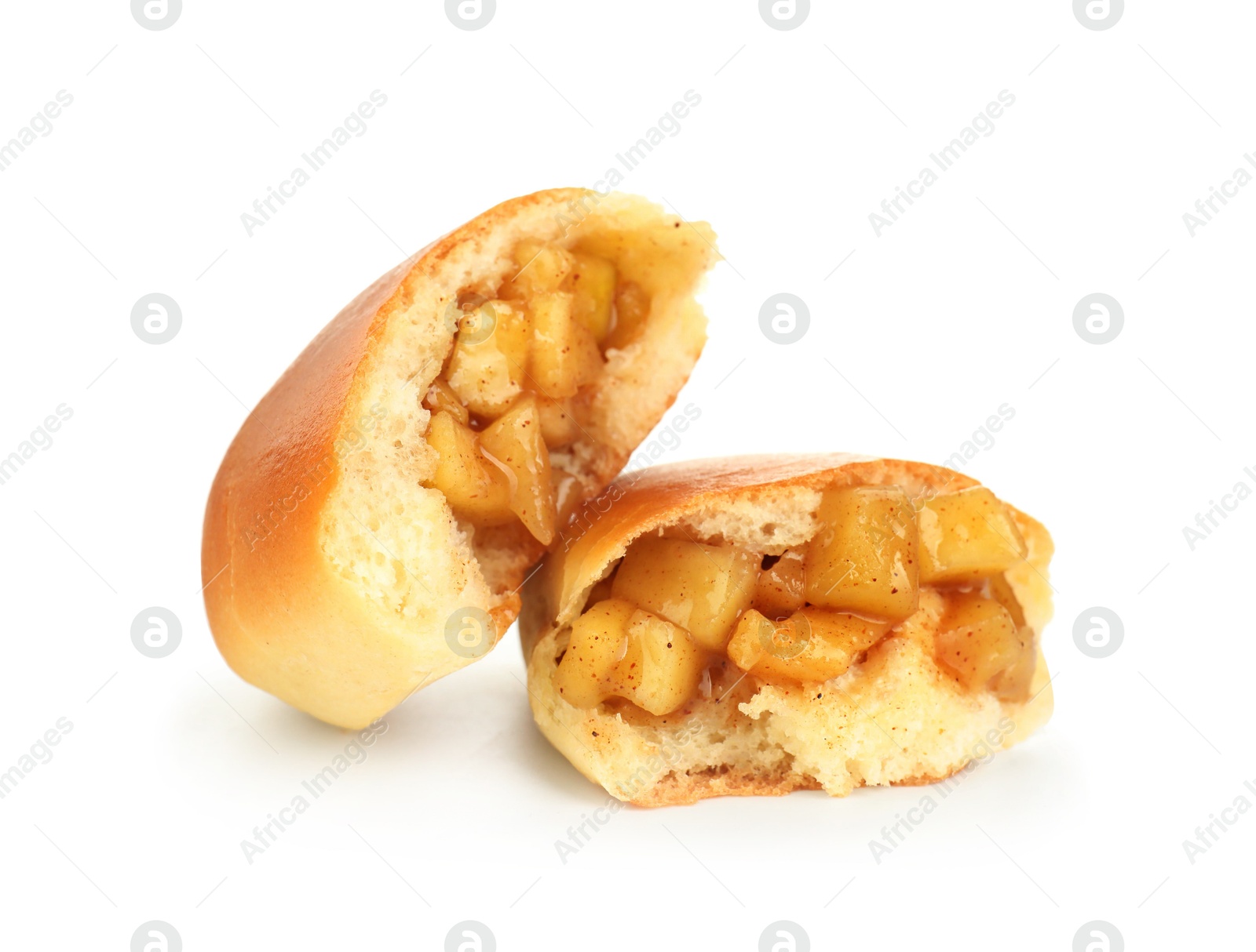 Tasty baked patty with apples isolated on white Photo of Tasty baked patty with apples isolated on white
