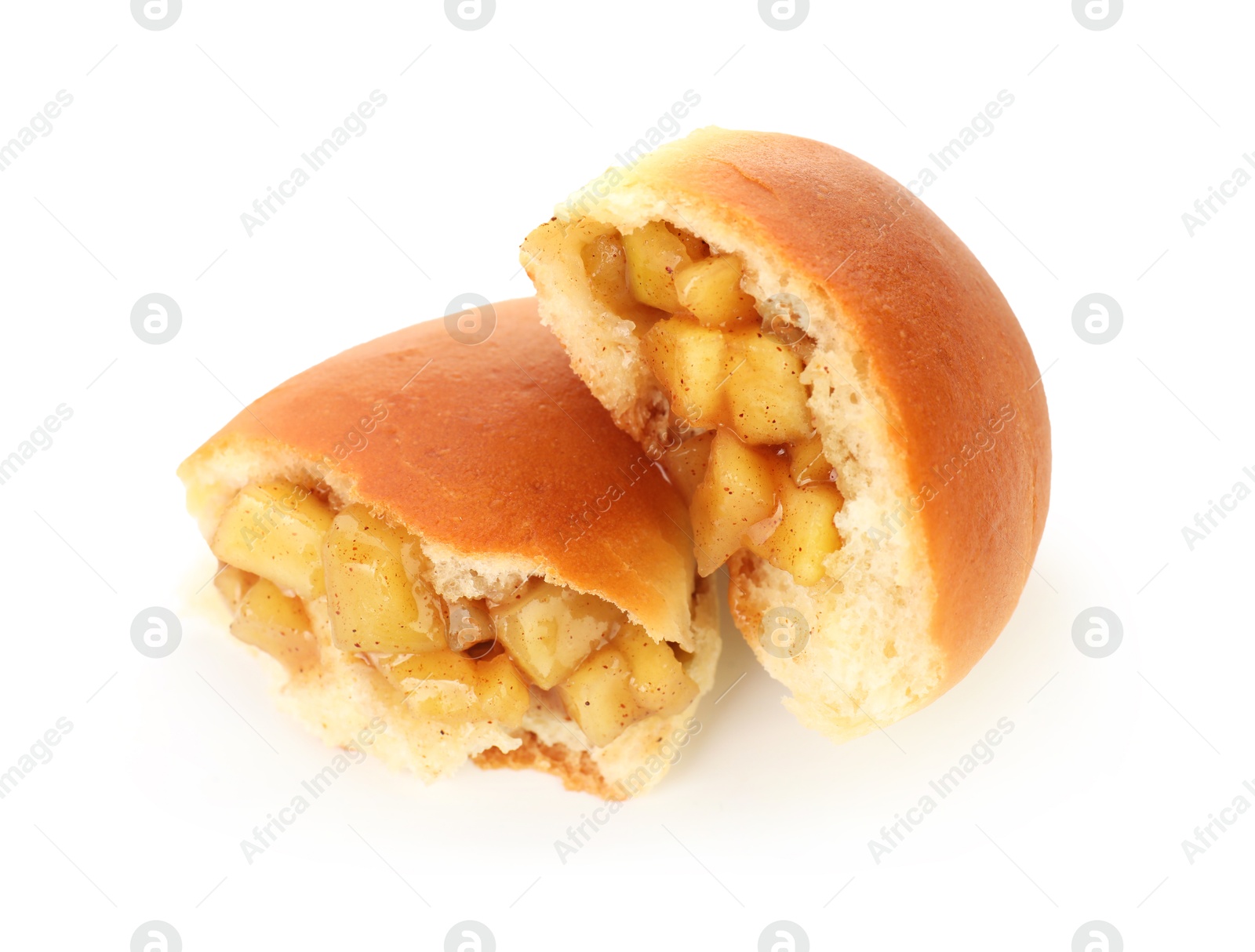 Photo of Tasty baked patty with apples isolated on white