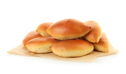 Photo of Many tasty baked patties isolated on white