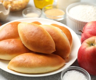 Photo of Tasty baked patties and ingredients on light grey table, closeup