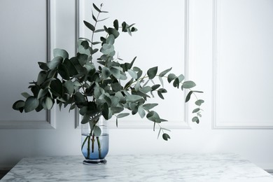 Photo of Green eucalyptus branches in vase on marble table near white wall indoors, space for text