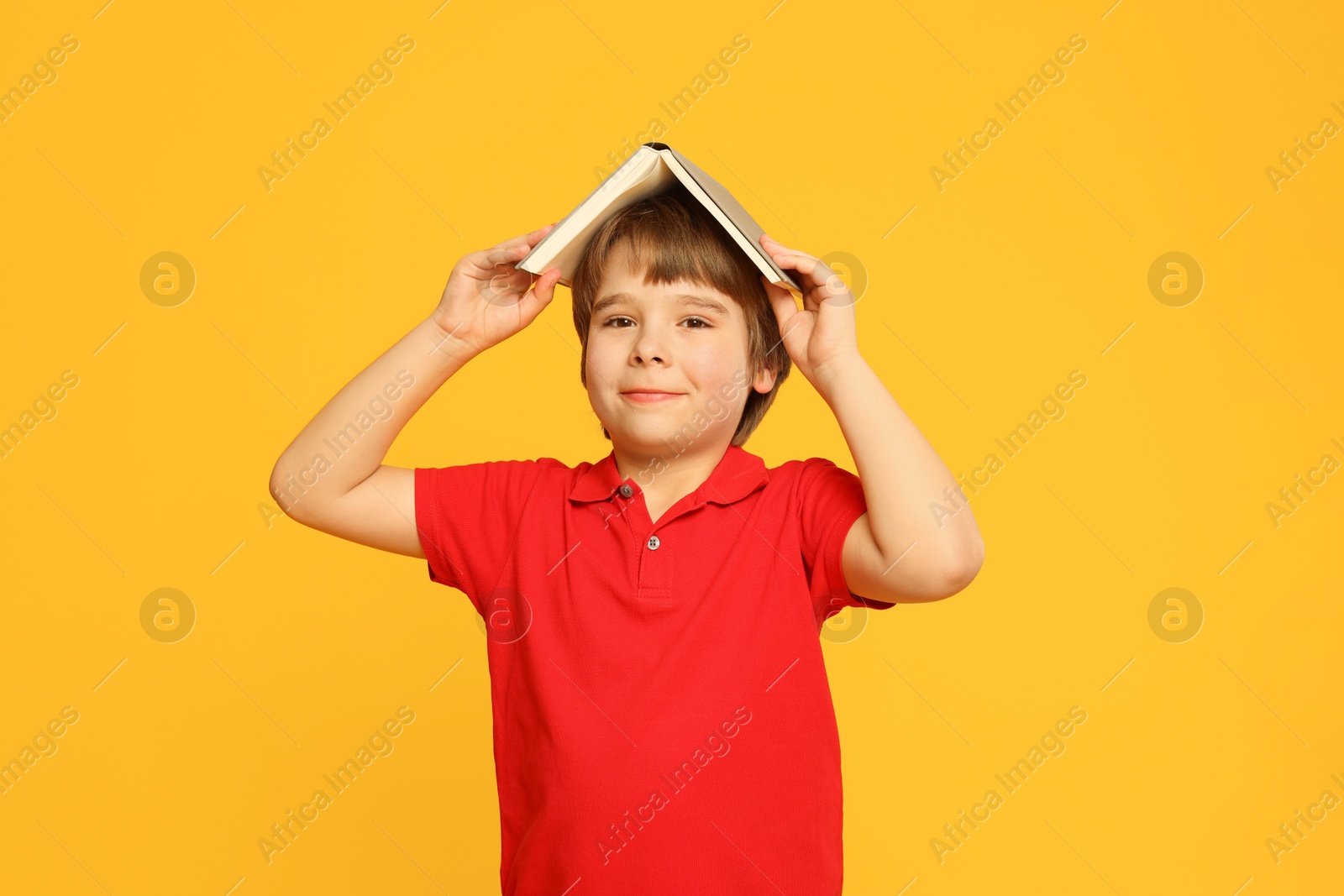 Little boy with book on orange background Photo of Little boy with book on orange background